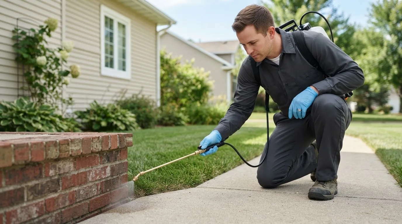 Pest control technician treating a home near Neapolis, OH